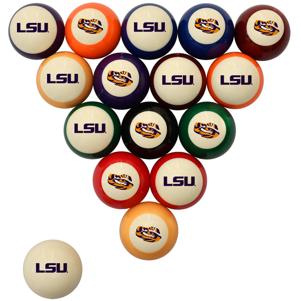 A set of LSU-branded pool balls arranged in a triangle on a white background, with one ball placed separately in the lower left corner. The balls are multicolored with the LSU logo printed on them.