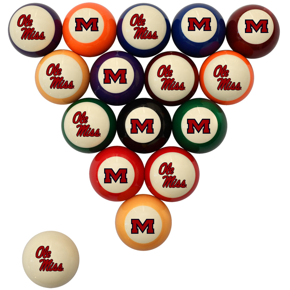 A set of triangular pool balls with Ole Miss branding, including a single ball placed separately in the lower left corner, on a plain white background.
