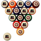 A set of 15 triangle pool balls with Alabama Crimson logo and mascot graphics, arranged in a pyramid shape on a white background, with a single ball shown in the bottom left corner.