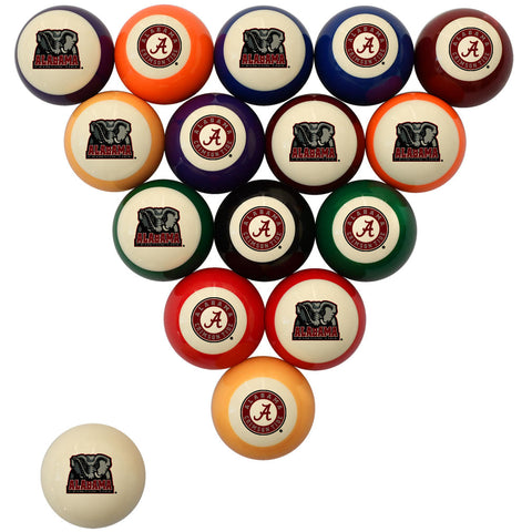 A set of 15 triangle pool balls with Alabama Crimson logo and mascot graphics, arranged in a pyramid shape on a white background, with a single ball shown in the bottom left corner.
