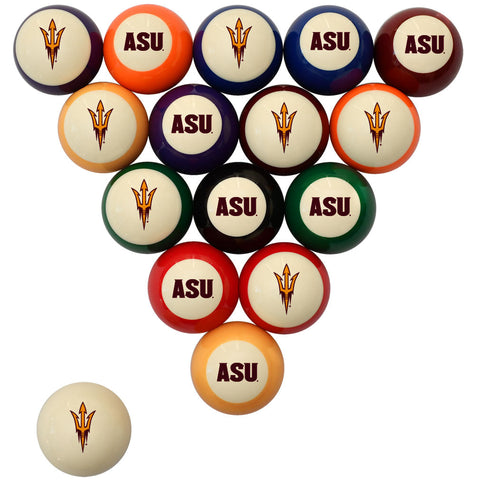 A set of triangular pool balls with Arizona State University branding, including the ASU logo and 'ASU' text, shown on a plain white background with one ball placed separately in the lower left.