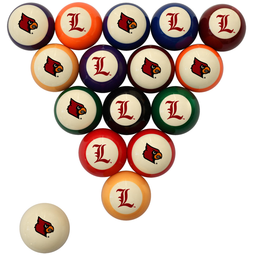 A set of 18 billiard balls arranged in a triangle on a white background, featuring the Louisville Cardinals logo and a large red 'L' on each ball. One ivory ball is placed separately in the lower-left corner.