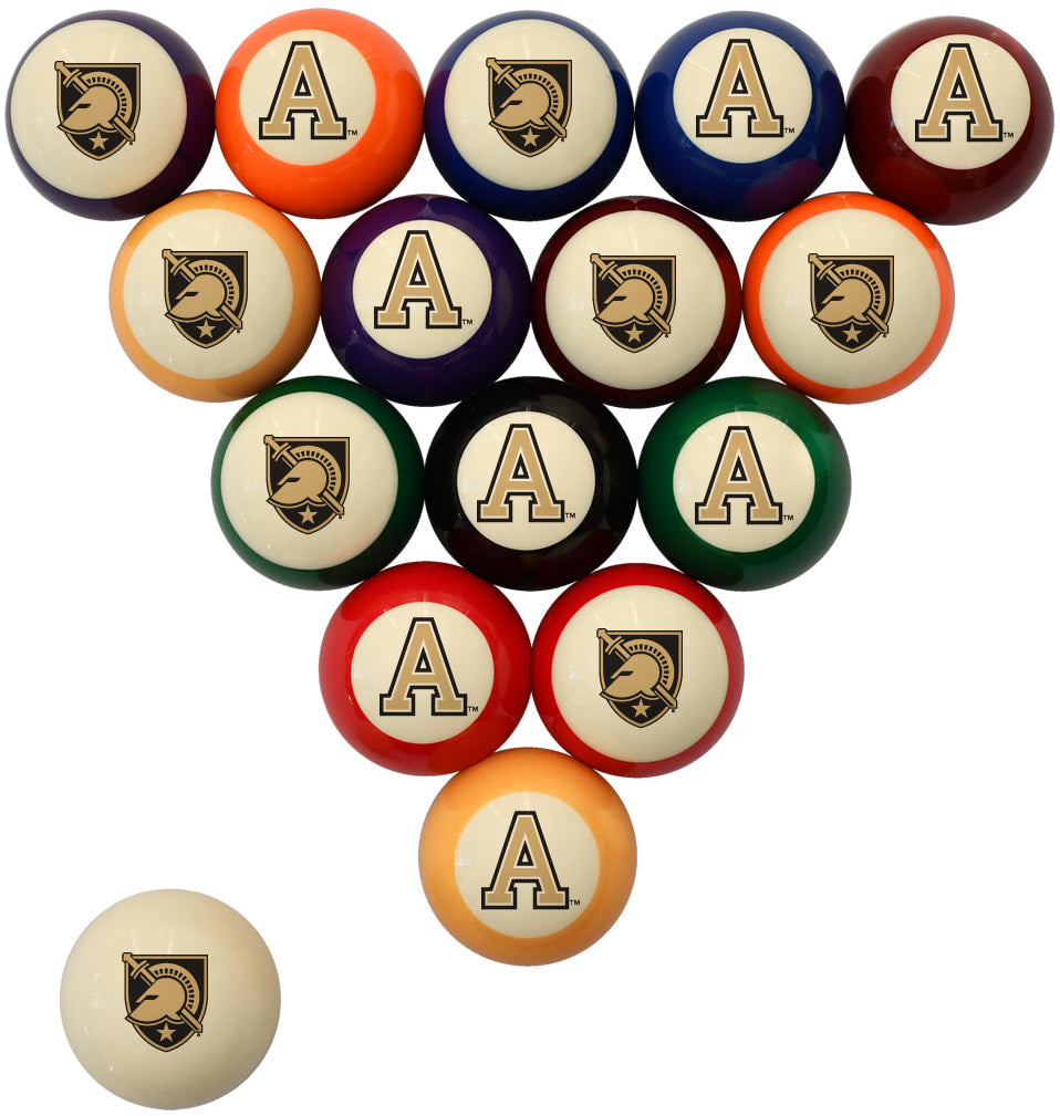 A set of triangular pool balls featuring the Arizona State Sun Devils logo and letter 'A' designs, with one ball placed separately in the lower left corner, on a solid white background.