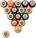 A set of triangular pool balls featuring the Arizona State Sun Devils logo and letter 'A' designs, with one ball placed separately in the lower left corner, on a solid white background.