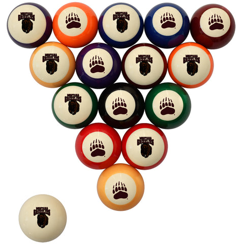 A set of 15 pool balls arranged in a triangle on a white background, with one ball placed separately in the lower left. Each ball has a cream-colored end with a dark brown bear paw logo and the text 'BARKRUSH'.