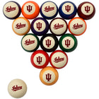 A set of Indiana University pool balls arranged in a triangle on a white background, with one ball placed separately in the lower left. The balls feature the Indiana 'I' logo and 'Indiana' script in red on cream-colored faces, with various rim colors including orange, blue, purple, green, black, and maroon.