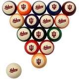 A set of Indiana University pool balls arranged in a triangle on a white background, with one ball placed separately in the lower left. The balls feature the Indiana 'I' logo and 'Indiana' script in red on cream-colored faces, with various rim colors including orange, blue, purple, green, black, and maroon.