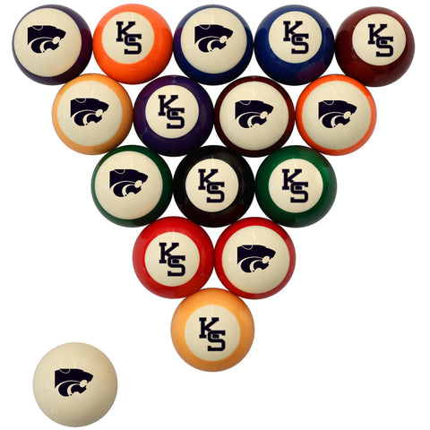 A set of triangular pool balls with Kansas State University logos, featuring multiple colors including orange, blue, red, green, purple, black, and cream, with one cream-colored cue ball shown separately in the lower left on a white background.