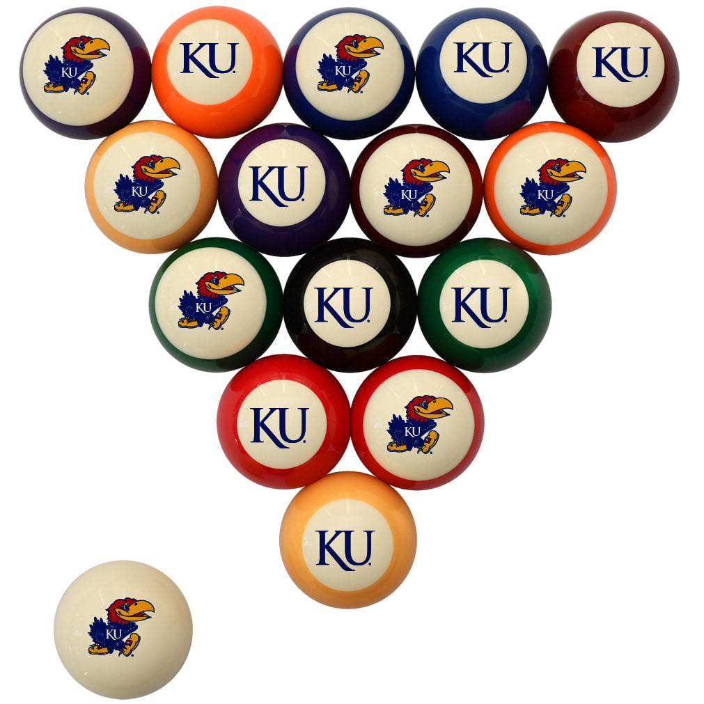 A triangular arrangement of Kansas Jayhawks-themed pool balls on a white background, with one ball placed separately in the lower left. The balls are in multiple colors including orange, blue, red, green, purple, black, and cream, each featuring the KU logo.