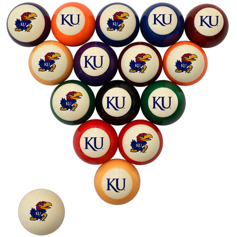 A triangular arrangement of Kansas Jayhawks-themed pool balls on a white background, with one ball placed separately in the lower left. The balls are in multiple colors including orange, blue, red, green, purple, black, and cream, each featuring the KU logo.