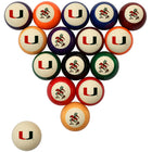 A set of 15 billiard balls arranged in a triangle on a white background, with a separate white cue ball in the lower left. Each ball features the Miami Hurricanes logo, showing a cream background with a green and red 'U' and a mascot running with a mallet.