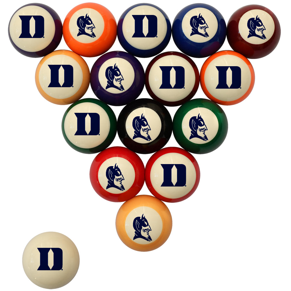 A set of triangular pool balls with the Duke Blue Devils logo, including cream, orange, blue, red, green, purple, and brown balls on a white background.