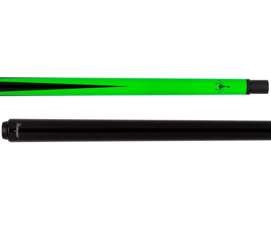 Green and black pool cue on a white background