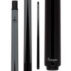 Scorpion pool cue with black and gray shafts on a white background