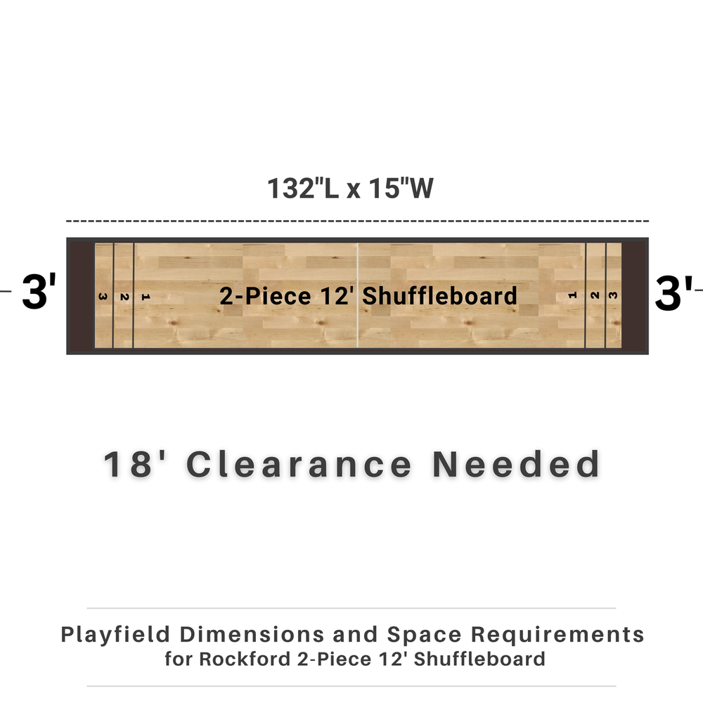 Diagram of a 2-piece 12' shuffleboard with dimensions and space requirements on a white background.