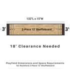 Diagram of a 2-piece 12' shuffleboard with dimensions and space requirements on a white background.