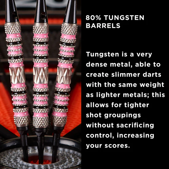 Three darts with pink and silver barrels on a black background, featuring text about tungsten barrels.