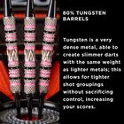 Three darts with pink and silver barrels on a black background, featuring text about tungsten barrels.