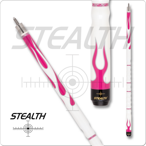 White and pink pool cues with 'Stealth' branding on a white background