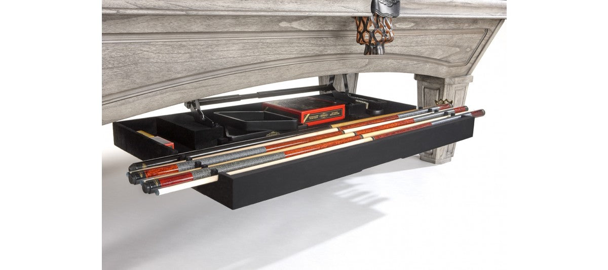 A storage drawer in the Brunswick Billiards OAKLAND II 8' Table holds cues, triangle, and more.