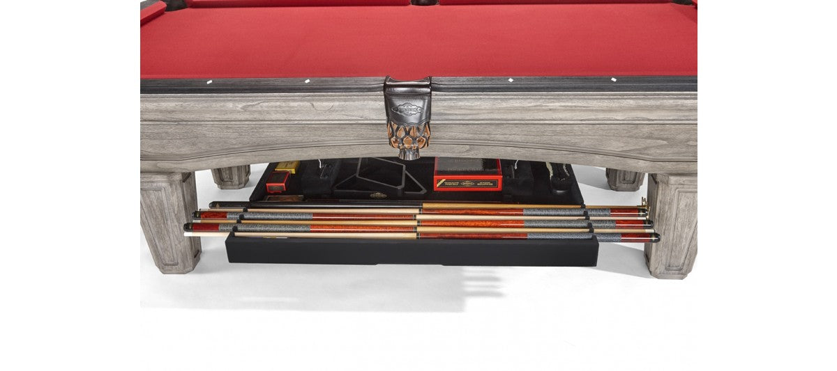 Brunswick Billiards OAKLAND II 8' Pool Table with red felt and under-table cue storage.
