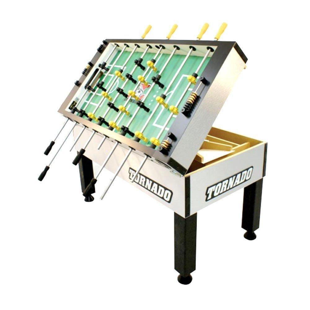 Tornado T-3000 Silver foosball table with hinged top open, revealing inside storage compartment.