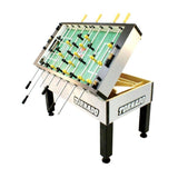 Tornado T-3000 Silver foosball table with hinged top open, revealing inside storage compartment.