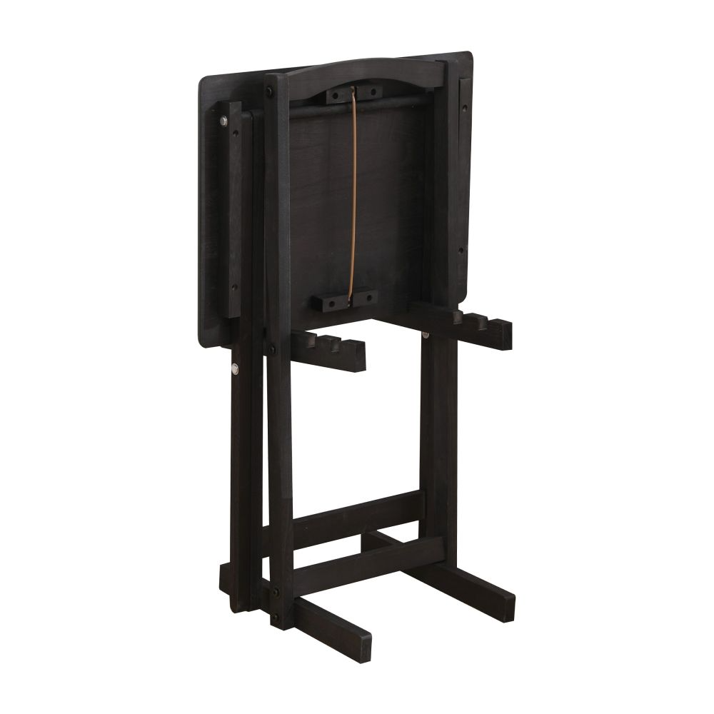 Black adjustable stand with a rectangular platform on a white background