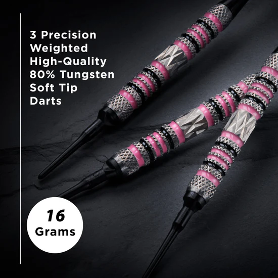Three precision weighted high-quality 80% tungsten soft tip darts on a dark background with text detailing their specifications.