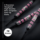 Three precision weighted high-quality 80% tungsten soft tip darts on a dark background with text detailing their specifications.