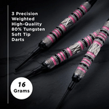 Three precision weighted high-quality 80% tungsten soft tip darts on a dark background with text detailing their specifications.