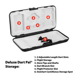 Deluxe Dart Pal storage case with labeled features on a white background