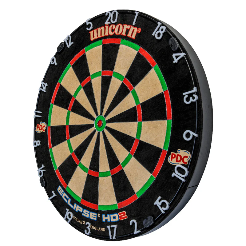 Dartboard with Unicorn and PDC logos on a white background