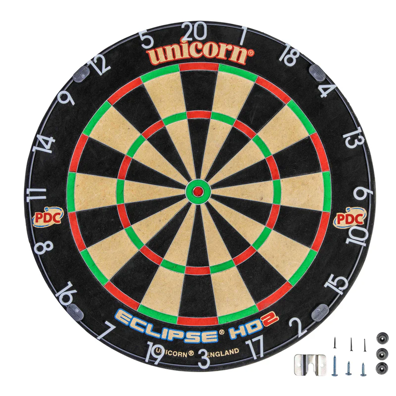 Dartboard with Unicorn and PDC logos on a white background