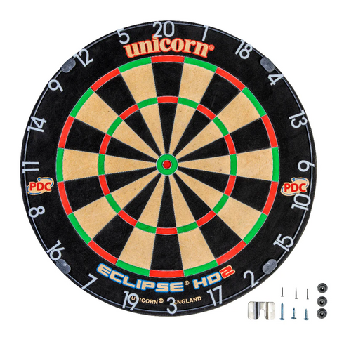 Unicorn Eclipse HD2 dartboard with darts on a white background
