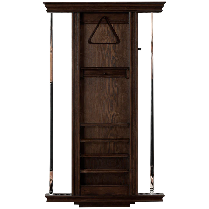 Wooden pool cue rack with shelves on a white background