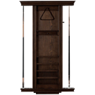 Wooden pool cue rack with shelves on a white background