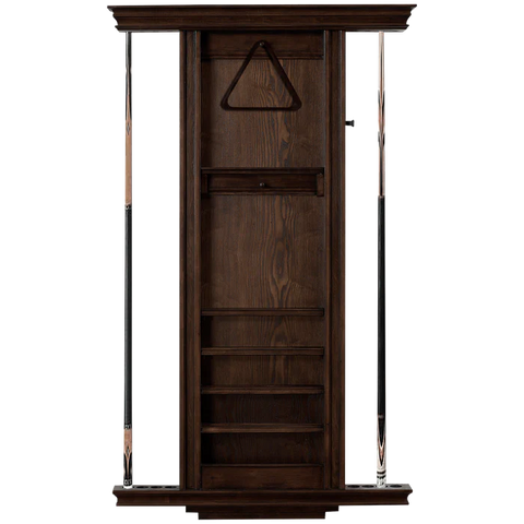 Wooden pool cue rack with shelves on a white background