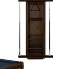 Wooden pool table sideboard with shelves and pool cues on a white background