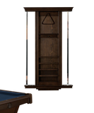 Wooden pool table sideboard with shelves and pool cues on a white background