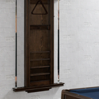 Wooden pool cue cabinet against a white brick wall with a pool table in the foreground.