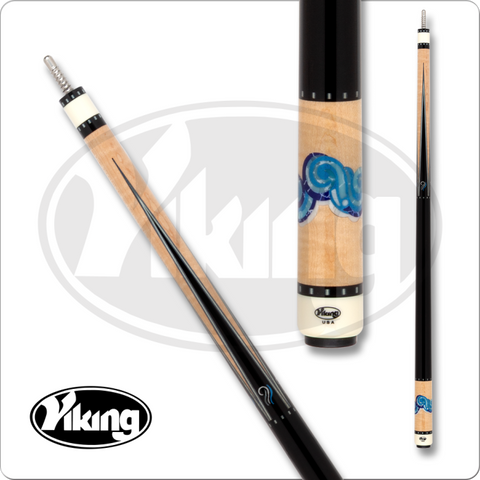 Viking pool cue with wooden shaft and black handle on a white background