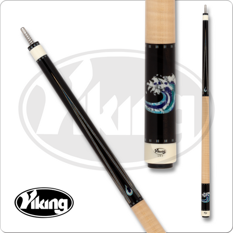 Viking pool cue set with black and wooden design on a white background