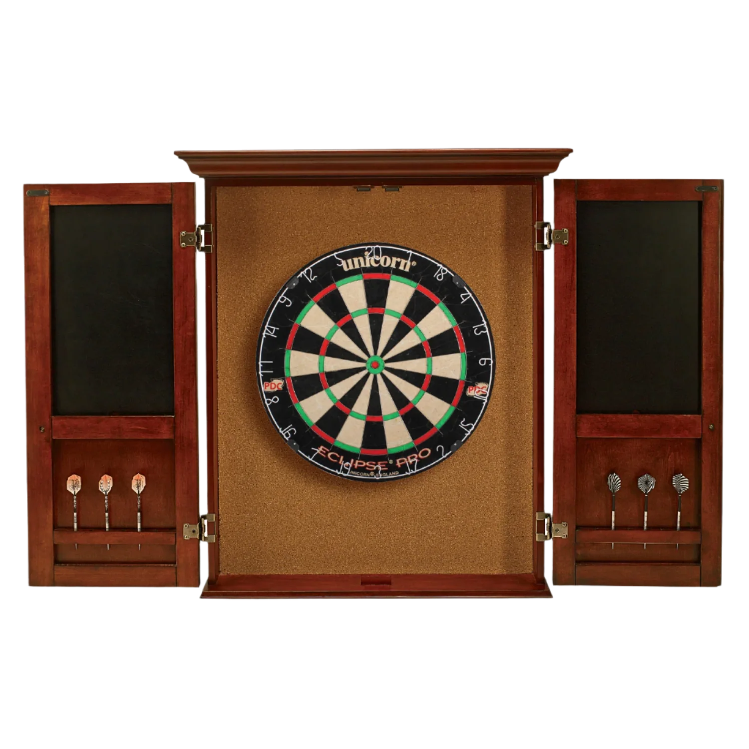 Wooden dartboard cabinet with a dartboard inside, on a white background