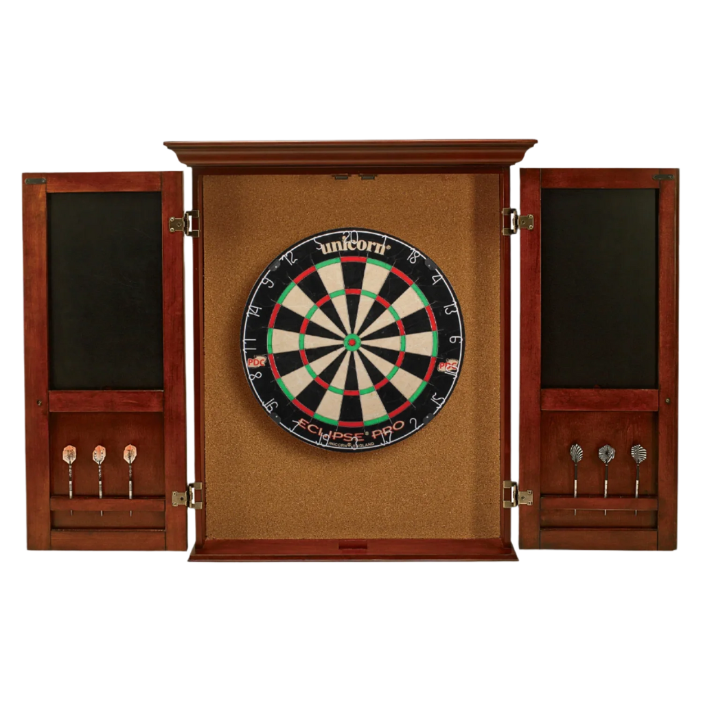 Wooden dartboard cabinet with a dartboard inside, on a white background