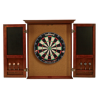 Wooden dartboard cabinet with a dartboard inside, on a white background