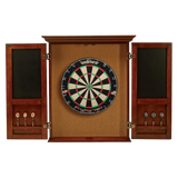 Wooden dartboard cabinet with a dartboard inside, on a white background