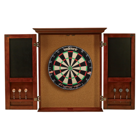 Wooden dartboard cabinet with a dartboard inside, on a white background