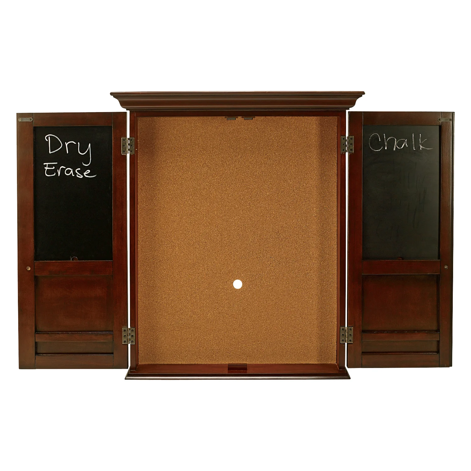 Wooden cabinet with two blackboards on a white background