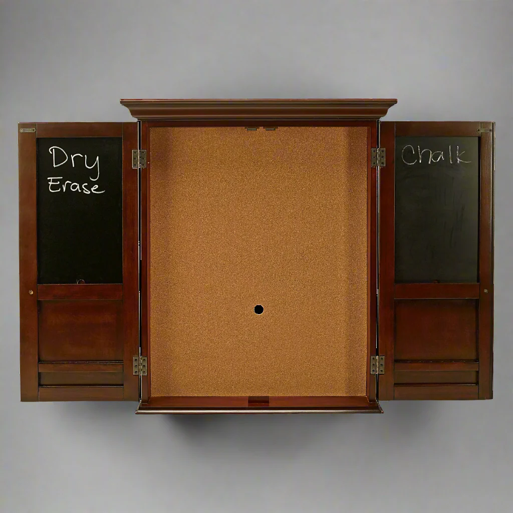 Wooden cabinet with two blackboards on a gray background